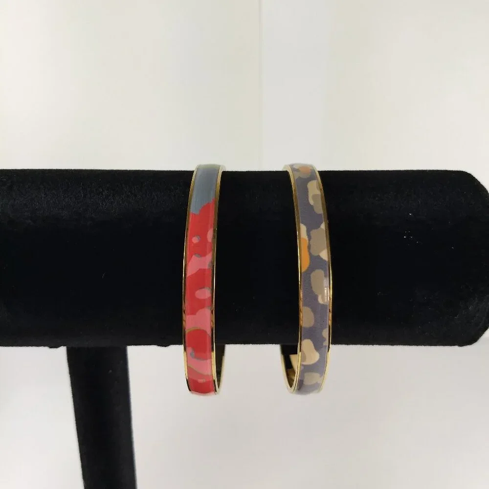 J. Crew Abstract Pattern Enamel Bangle Bracelet Set 2 Stackable Gold Tone Modern